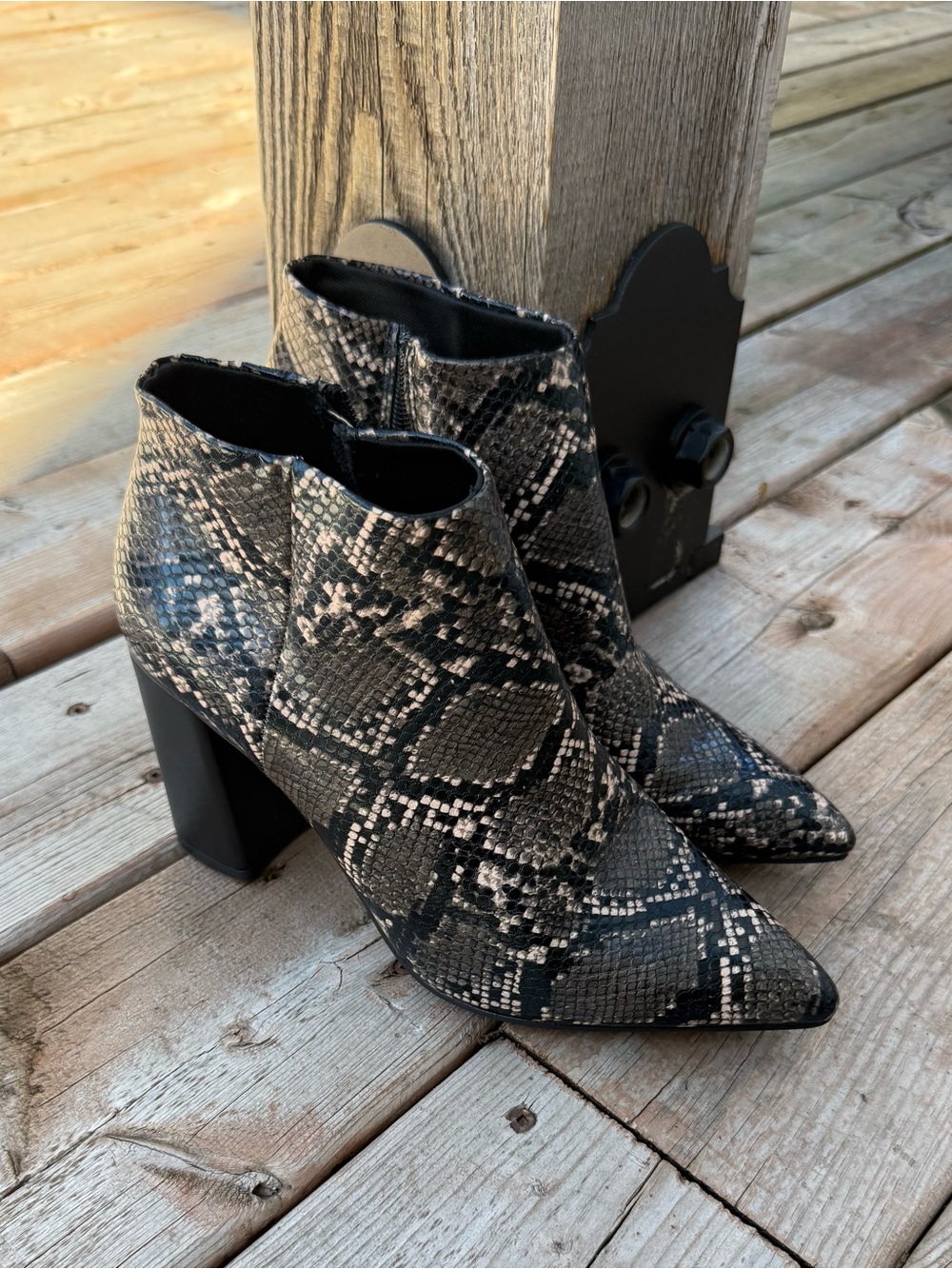 Joe Fresh Snake-Print Pointed Ankle Boots in Black and Gray